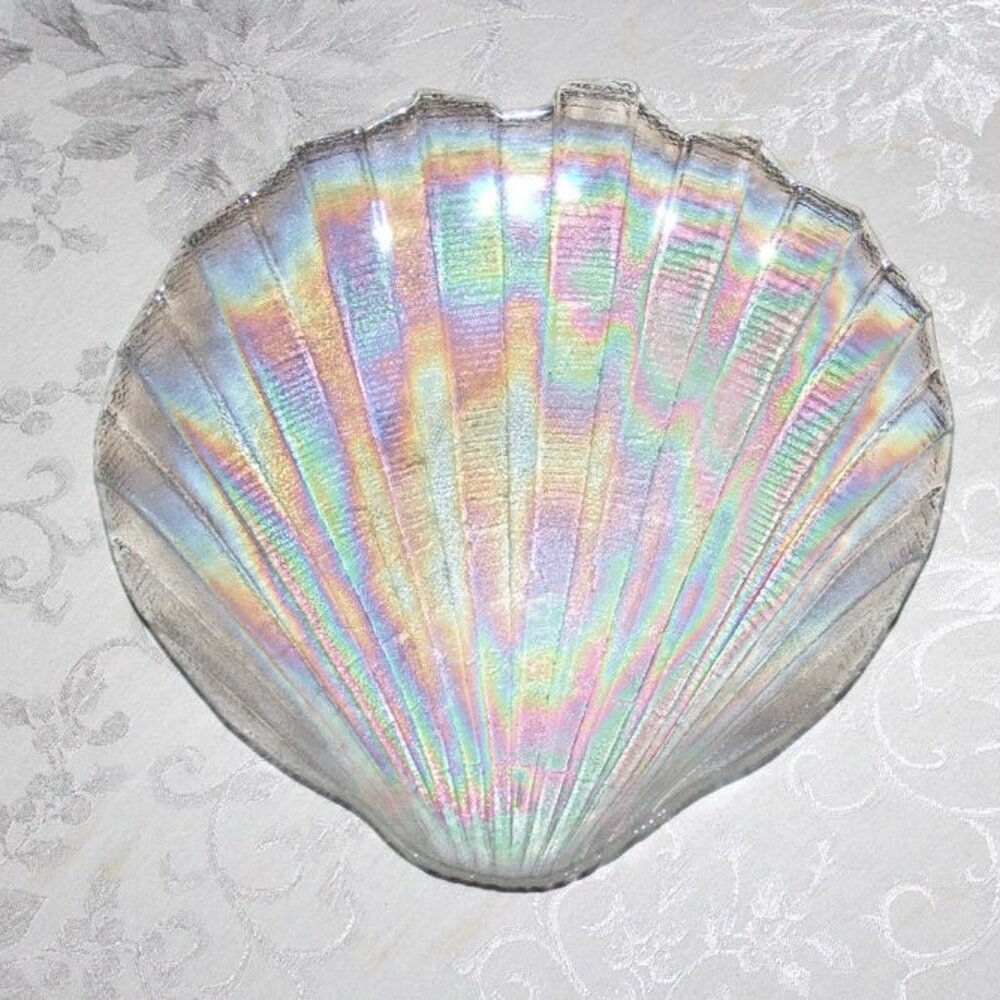 Gorgeous Iridescent Kamei Glass Shell Tray | Japanese Carnival Glass Platter